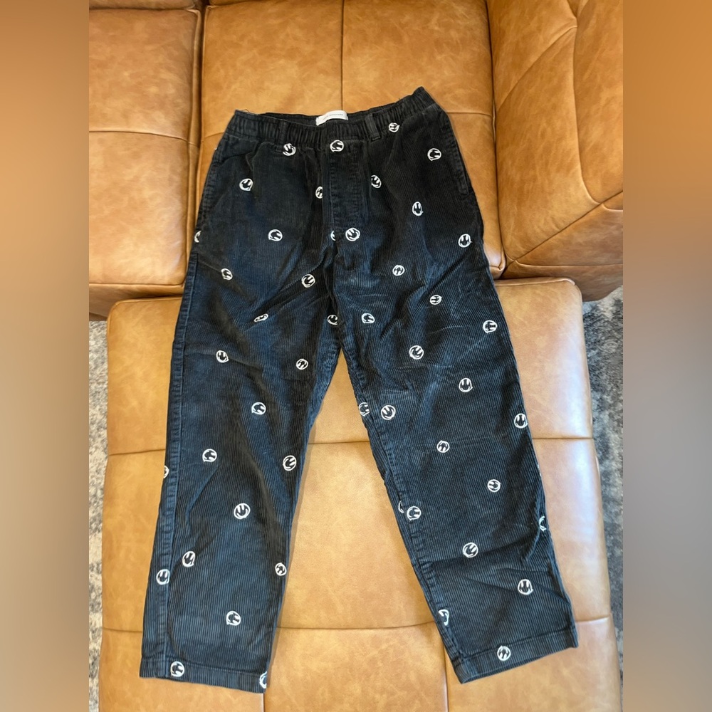 Men’s Urban Outfitters Dark Green / Black Corduroy Pants with White Smiley Faces